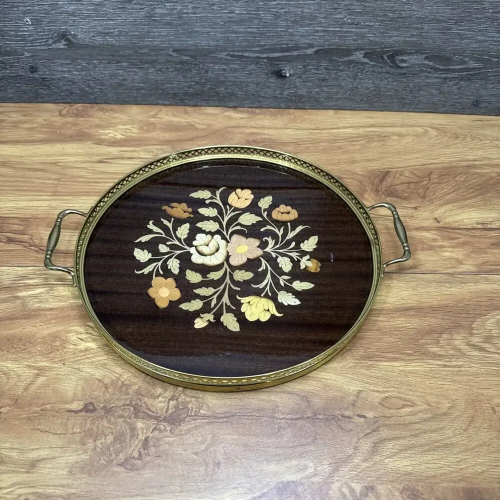 Vintage Italian Marquetry Wood Inlay Tray Brass Handles Vanity Ornate 11-3/4”